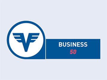 Business Klassik Konto Logo in Blau und Rot auf hellblauem Hintergrund.